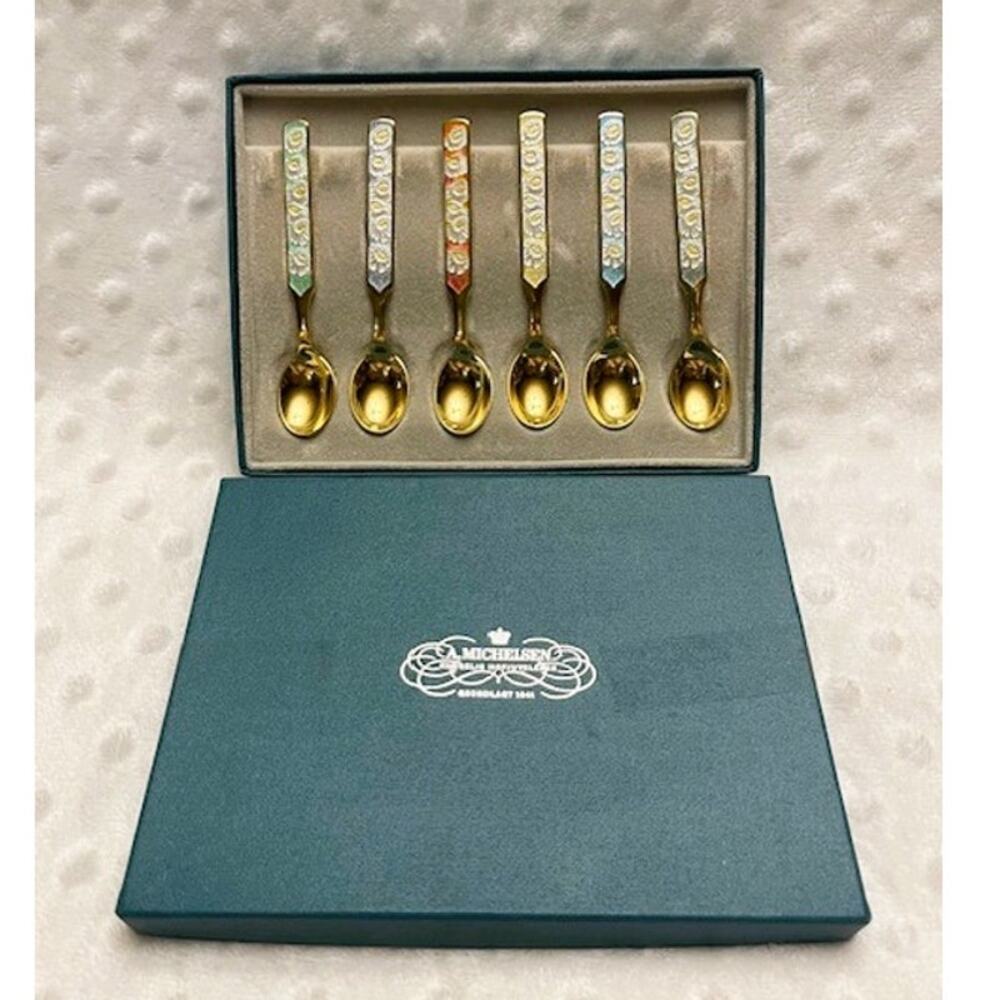 Vintage Anton Michelsen Enameled Sterling Silver Danish Demitasse Spoons-1950